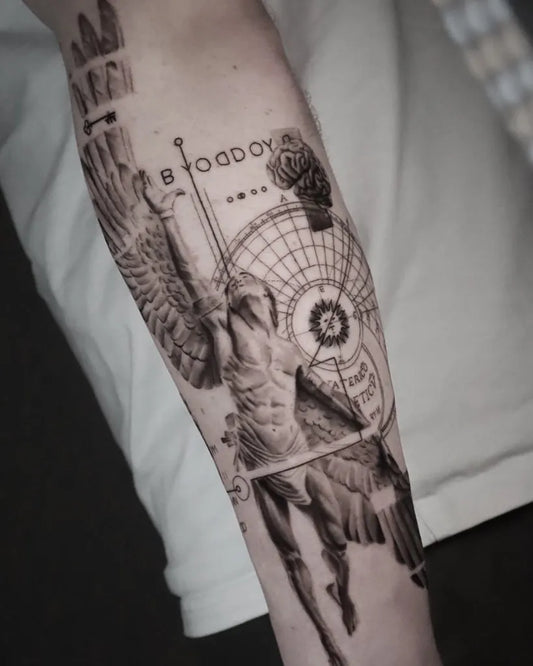 Big Blackwork Icarus and Angel Wings on Men Arm Tattoo by @cissaspoerltattooartistry