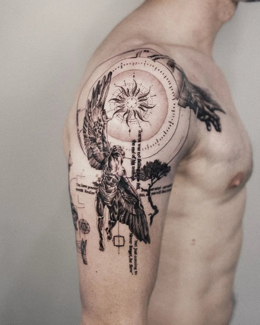 Big Blackwork Icarus on Men Shoulder Tattoo by @charleeink_