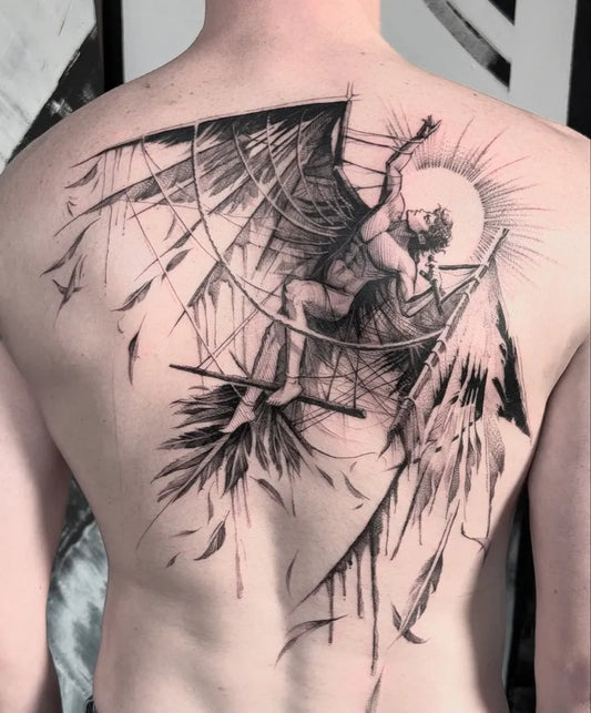 Big Blackwork Icarus with Angel Wings on Men Back Tattoo by @martinkellytattoo