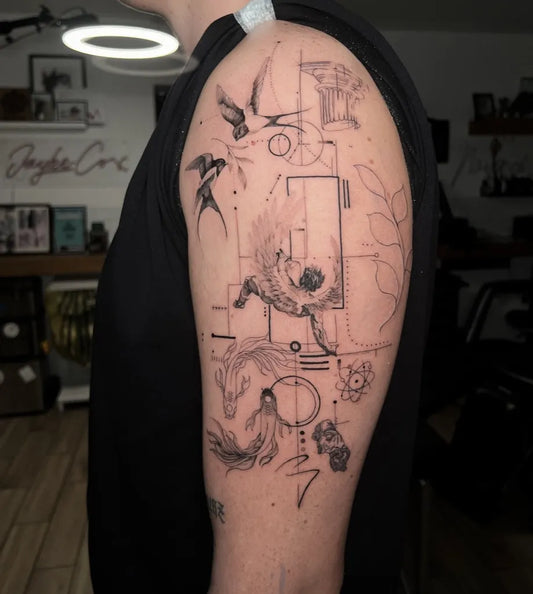 Big Blackwork Icarus with Birds and Geometric Shapes on Men Arm Tattoo by @jayke_cox