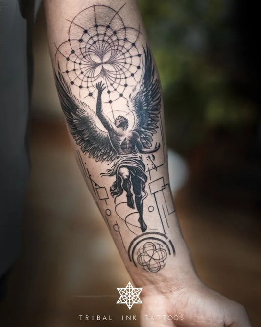 Big Blackwork Icarus with Geometric Mandala on Men Arm Tattoo by @tribalinktattoos