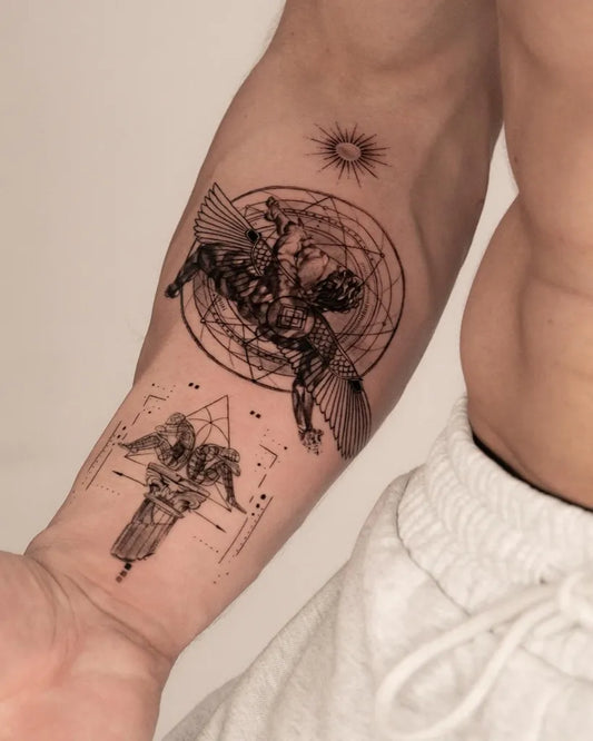 Big Blackwork Icarus with Geometric Sun and Winged Figures on Men Arm Tattoo by @clemente.tats