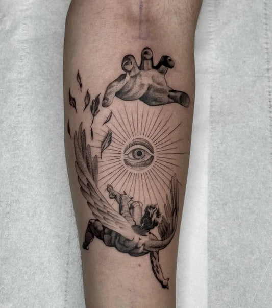 Big Blackwork Icarus with Hand and Eye on Men Leg Tattoo by @hillbilly.tattoo