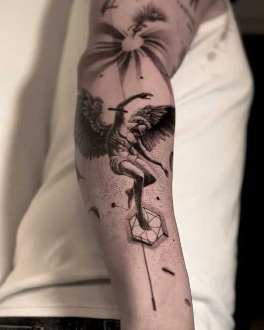 Big Blackwork Icarus with Sun and Geometric Portal on Men Arm Tattoo by @firatyucedag