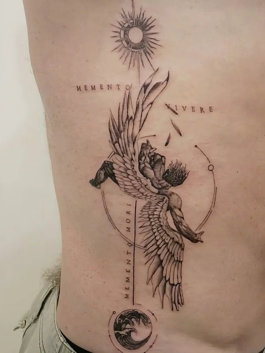 Big Blackwork Icarus with Universe and Wings on Men Rib Tattoo by @rudrainktattoo