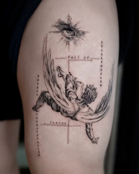 Big Blackwork Icarus with Wings and Sun on Women Thigh Tattoo by @frankomachtattoo