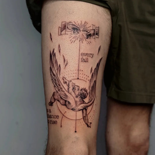 Big Blackwork Icarus with Wings and Text on Men Thigh Tattoo by @mavitattoonl