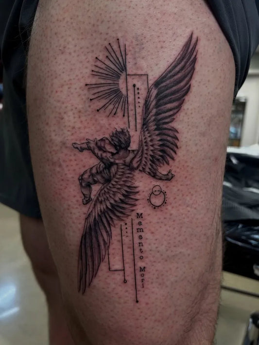 Big Blackwork Icarus with Wings on Men Thigh Tattoo by @ocallaghan.inks