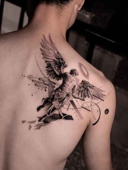 Big Blackwork Icarus with Wings on Men Upper Back Tattoo by @deartattoohk