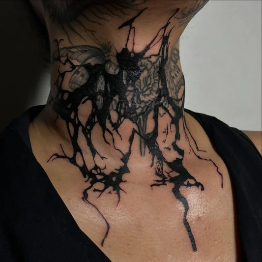 Big Blackwork Insect and Flowers on Women Neck Tattoo by @uglytat222s