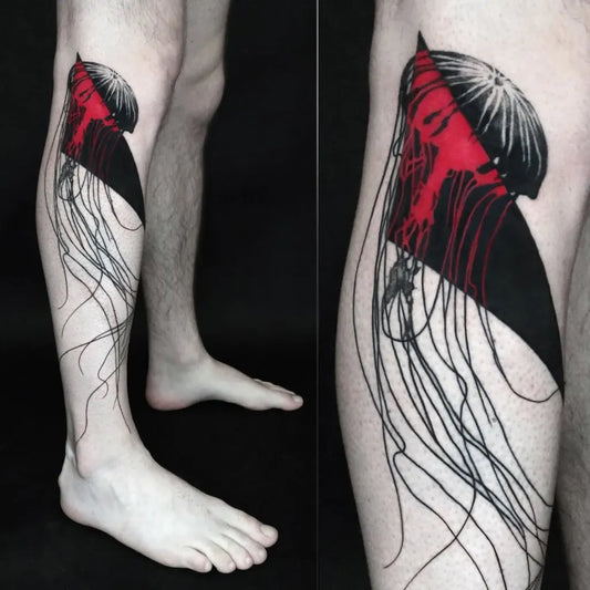 Big Blackwork Jellyfish Nautical Tattoo on Men Thigh by @kamatatuaz