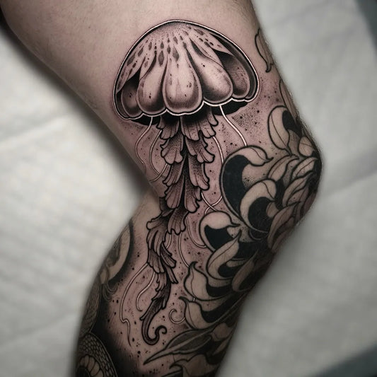 Big Blackwork Jellyfish and Chrysanthemum Tattoo on Women Thigh by @joshhurrelltattoos