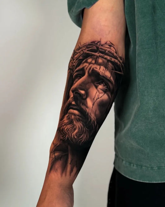 Big Blackwork Jesus Christ on Men Arm Religious Tattoo by @dosantosink