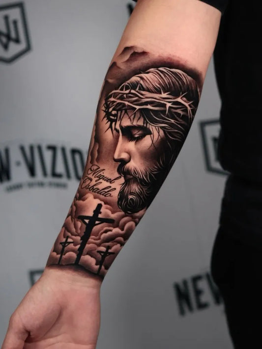 Big Blackwork Jesus Cross Clouds on Men Arm Religious Tattoo by @gavinotattoos