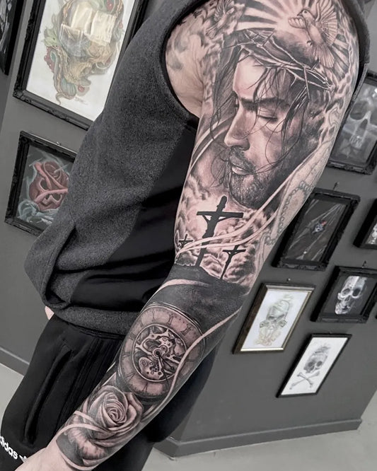 Big Blackwork Jesus Crown Cross Roses on Men Arm Religious Tattoo by @doug.ttt