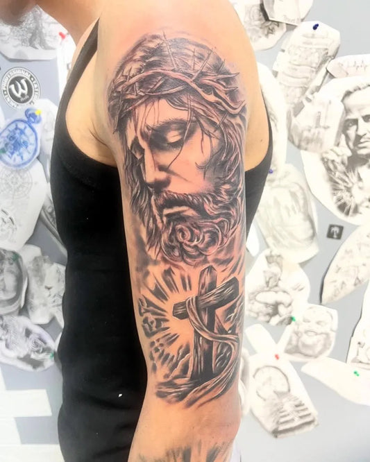 Big Blackwork Jesus Crown Cross on Men Arm Religious Tattoo by @ak__tattoo__