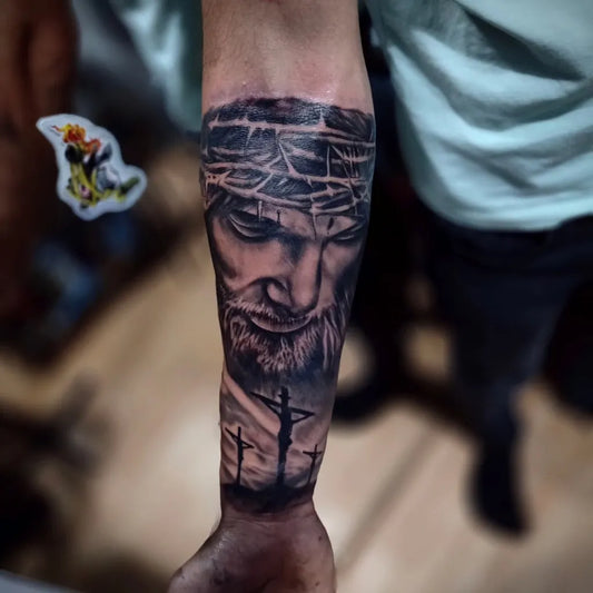 Big Blackwork Jesus Crown Cross on Men Arm Religious Tattoo by @dreamer_tattoo__