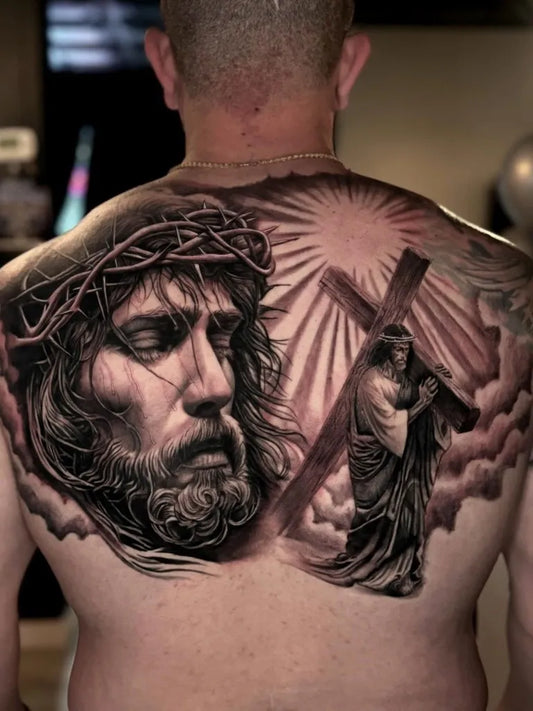 Big Blackwork Jesus Crown Cross on Men Back Religious Tattoo by @sidink_100