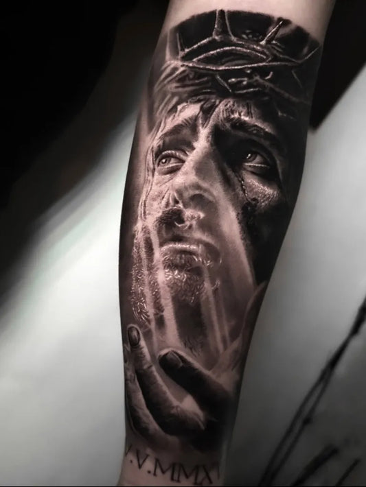 Big Blackwork Jesus Crown Hands on Men Arm Religious Tattoo by @k.richard.art