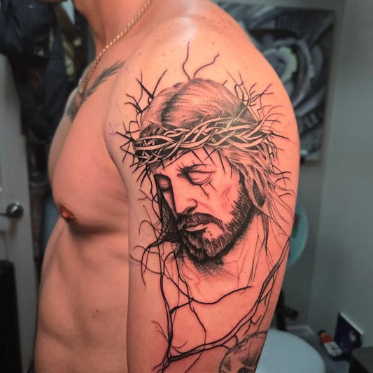 Big Blackwork Jesus Crown of Thorns on Men Shoulder Religious Tattoo by @trippytrails_ink