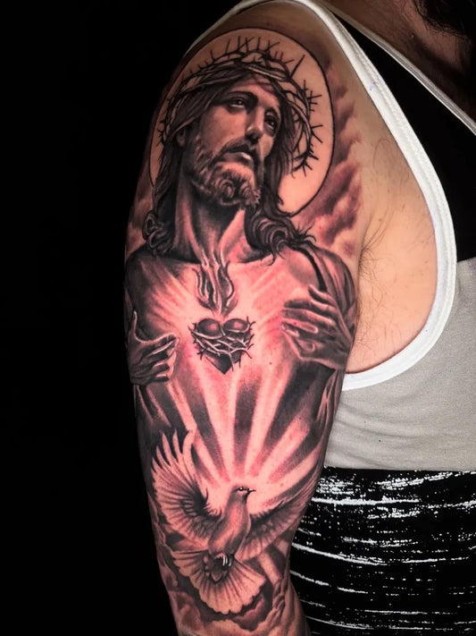 Big Blackwork Jesus Dove Sacred Heart on Men Arm Religious Tattoo by @d.unknownink