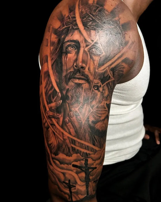 Big Blackwork Jesus Lion Cross on Men Arm Religious Tattoo by @ameliceart