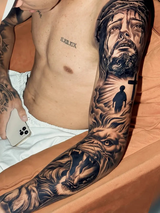 Big Blackwork Jesus Lion Cross on Men Arm Religious Tattoo by @cassius_tatuador