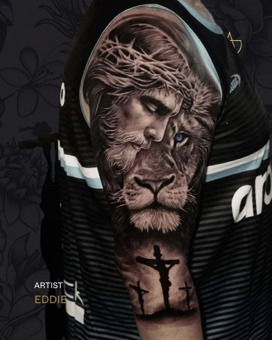 Big Blackwork Jesus Lion and Crucifixion on Men Arm Religious Tattoo by @celebrityinktattookutabali