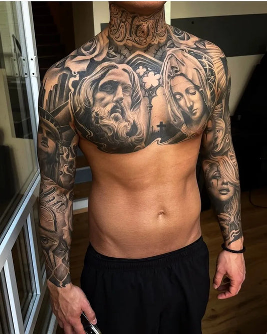 Big Blackwork Jesus Mary Cross on Men Chest Religious Tattoo by @mexicanstyle_tattoos