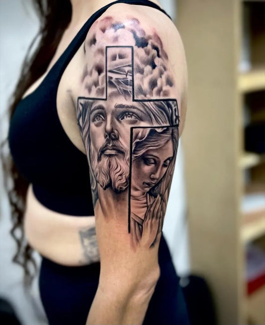Big Blackwork Jesus Mary Cross on Women Arm Religious Tattoo by @tatuajesi.r