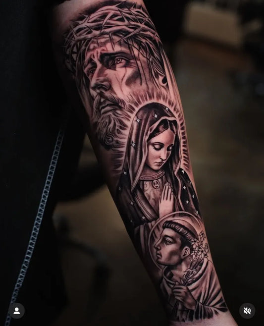 Big Blackwork Jesus Virgin Mary on Men Arm Religious Tattoo by @mexicanstyle_tattoos