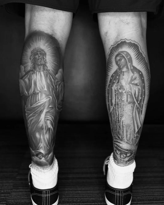 Big Blackwork Jesus and Virgin Mary on Men Legs Religious Tattoo by @suave.serg714
