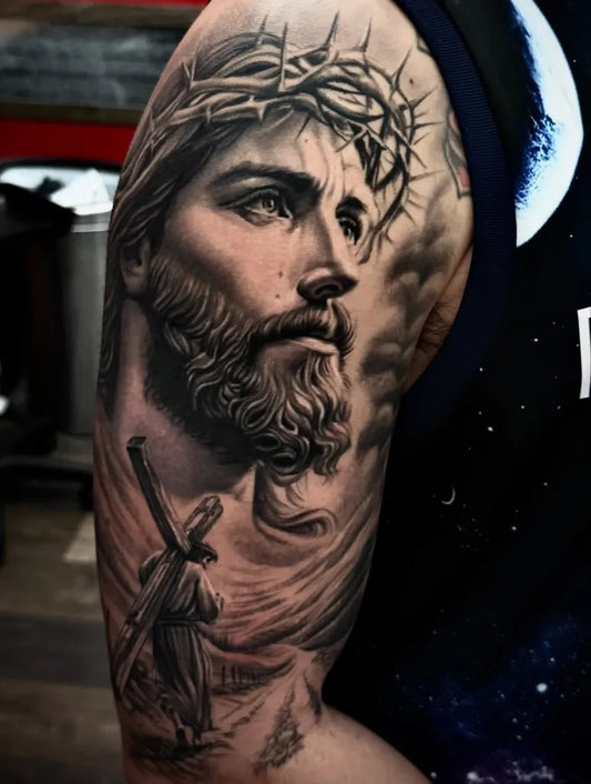 Big Blackwork Jesus with Crown of Thorns and Cross on Men Arm Religious Tattoo by @_santiarttattoo__