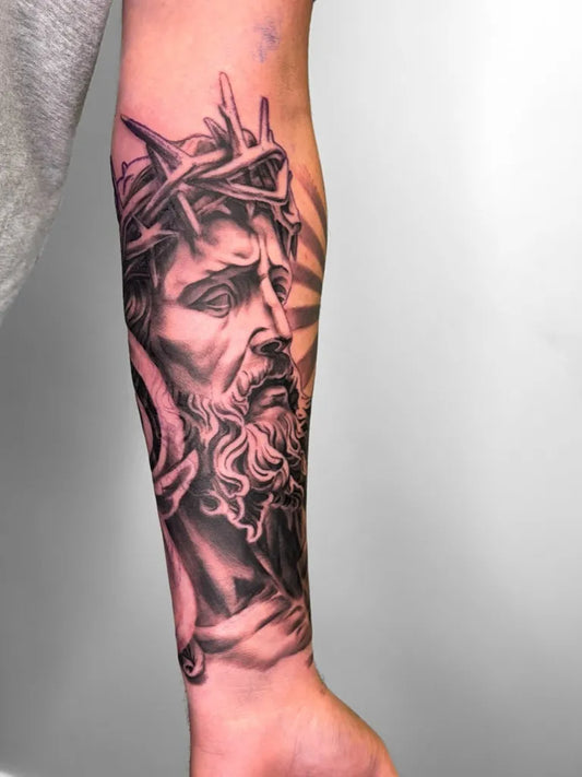 Big Blackwork Jesus with Crown of Thorns on Men Arm Religious Tattoo by @jcharlescabral