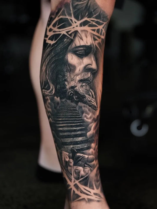 Big Blackwork Jesus with Stairs on Women Leg Religious Tattoo by @porkymartinez
