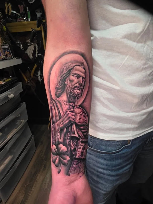 Big Blackwork Jesus with Sword and Halo on Men Arm Religious Tattoo by @komik39