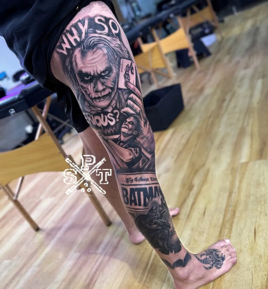 Big Blackwork Joker Batman and Bat on Men Leg Tattoo by @stevenperrytattoos