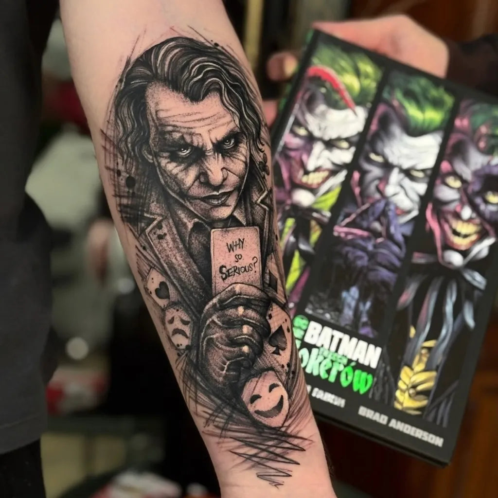 joker card tattoo sleeve Same deck. Different face The mask and the man two cards, one story. Robber mask to Joker was a fun project to do @rico_inkk @rico.designs #JokerTattoo #TheDarkKnight #PlayingCardTattoo #BlackAndGreyTattoo #RealismTattoo
