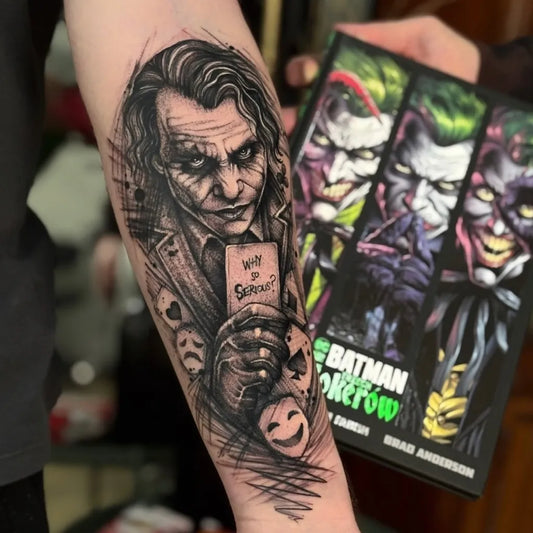 Big Blackwork Joker Cards on Men Arm Tattoo by @kacperczykagata