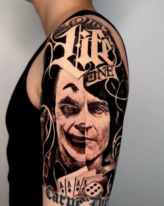 Big Blackwork Joker Carpe Diem on Men Shoulder Tattoo by @inkedout_tattoo