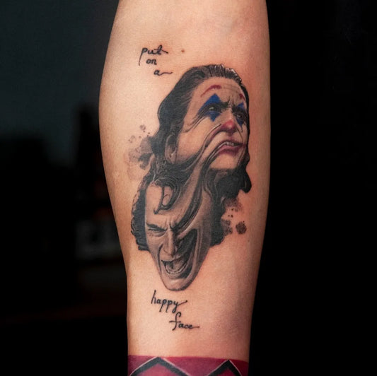 Big Blackwork Joker Mask on Men Arm Tattoo by @suexi_tattoo