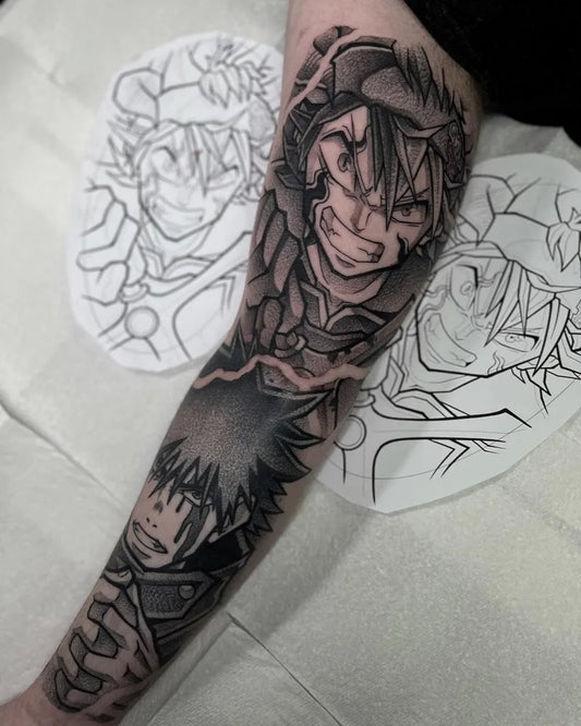 Big Blackwork Jujutsu Kaisen Characters Tattoo on Men Inner Arm by @markm_tatts