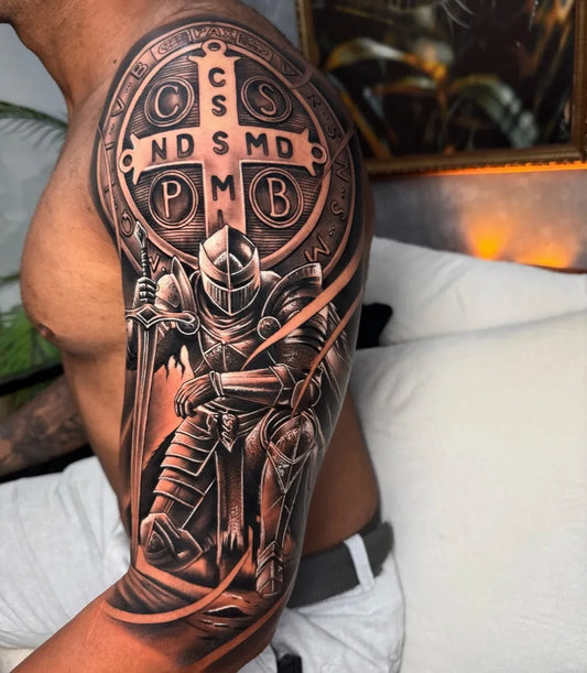 Big Blackwork Knight Shield on Men Arm Religious Tattoo by @bieltattoo_