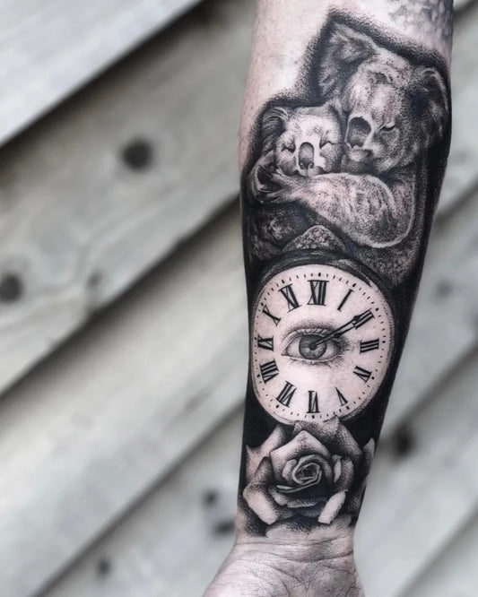 Big Blackwork Koala Clock Rose on Men Forearm Tattoo by @bethmaddoxtattoos