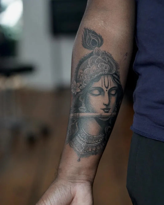Big Blackwork Krishna on Men Forearm Tattoo by @soheyltattoos