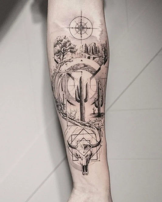 Big Blackwork Landscape Cactus Bull Skull Tattoo on Men Arm by @alberta.fams