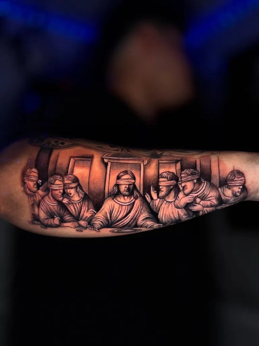 Big Blackwork Last Supper on Men Arm Religious Tattoo by @suvratatts