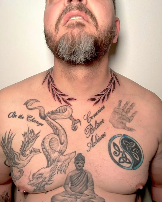 Big Blackwork Laurel Wreath Dragon Buddha Tattoo on Men Chest by @dmttattoos