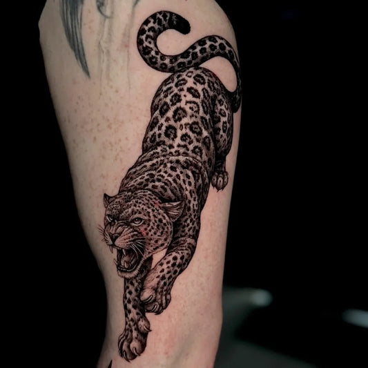 Big Blackwork Leopard Animal Tattoo on Men Arm by @oldlondonroadtattoos