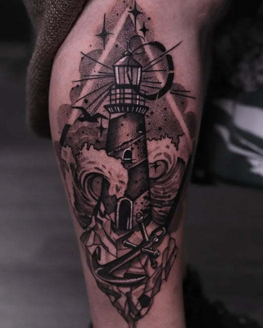 Big Blackwork Lighthouse Anchor Waves Tattoo on Men Leg by @alexrusu_tattoo